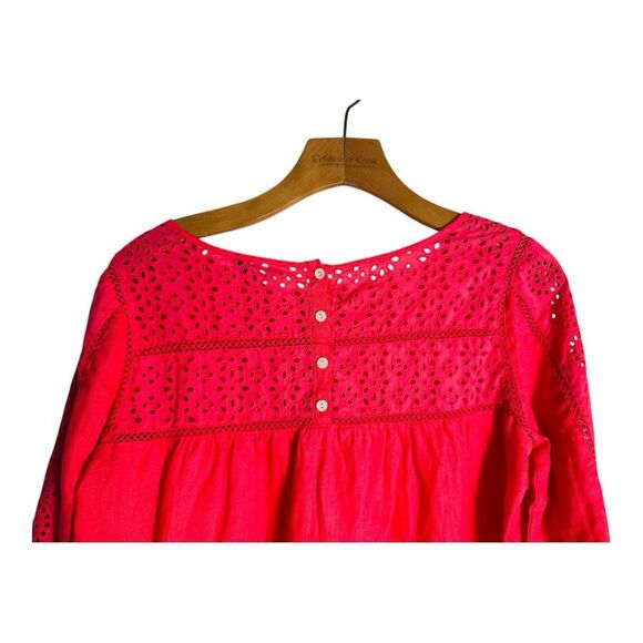 J Crew 100% Linen Timeless Eyelet Peasant Blouse M Coral Pink 3/4 Sleeve Preppy - Picture 4 of 6
